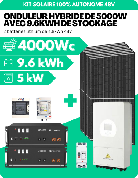 KIT SOLAIRE AUTONOME MONOPHASÉ 4000Wc PV AVEC 9.6kWh DE STOCKAGE LITHIUM - SORTIE AC 5000W - DEYE | Liberty-Energy.fr