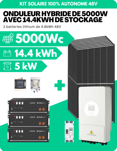 KIT SOLAIRE AUTONOME MONOPHASÉ 5000Wc PV AVEC 14.4kWh DE STOCKAGE LITHIUM - SORTIE AC 5000W - DEYE | Liberty-Energy.fr