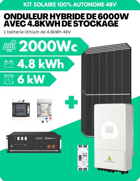KIT SOLAIRE AUTONOME MONOPHASÉ 2000Wc PV AVEC 4.8kWh DE STOCKAGE LITHIUM - SORTIE AC 6000W - DEYE | Liberty-Energy.fr