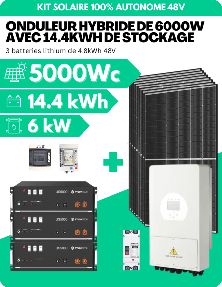 KIT SOLAIRE AUTONOME MONOPHASÉ 5000Wc PV AVEC 14.4kWh DE STOCKAGE LITHIUM - SORTIE AC 6000W - DEYE | Liberty-Energy.fr