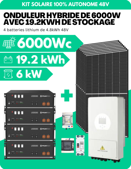 KIT SOLAIRE AUTONOME MONOPHASÉ 6000Wc PV AVEC 19.2kWh DE STOCKAGE LITHIUM - SORTIE AC 6000W - DEYE | Liberty-Energy.fr