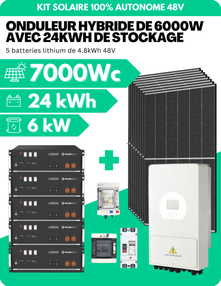 KIT SOLAIRE AUTONOME MONOPHASÉ 7000Wc PV AVEC 24kWh DE STOCKAGE LITHIUM - SORTIE AC 6000W - DEYE | Liberty-Energy.fr