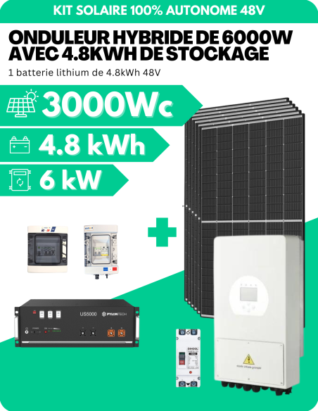 KIT SOLAIRE AUTONOME MONOPHASÉ 3000Wc PV AVEC 4.8kWh DE STOCKAGE LITHIUM - SORTIE AC 6000W - DEYE | Liberty-Energy.fr