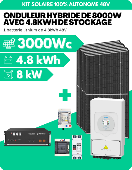 KIT SOLAIRE AUTONOME MONOPHASÉ 3000Wc PV AVEC 4.8kWh DE STOCKAGE LITHIUM - SORTIE AC 8000W - DEYE | Liberty-Energy.fr