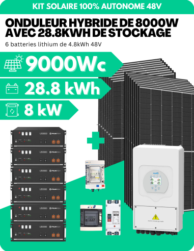 KIT SOLAIRE AUTONOME MONOPHASÉ 9000Wc PV AVEC 28.8kWh DE STOCKAGE LITHIUM - SORTIE AC 8000W - DEYE | Liberty-Energy.fr