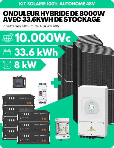 KIT SOLAIRE AUTONOME MONOPHASÉ 10.000Wc PV AVEC 33.6kWh DE STOCKAGE LITHIUM - SORTIE AC 8000W - DEYE | Liberty-Energy.fr