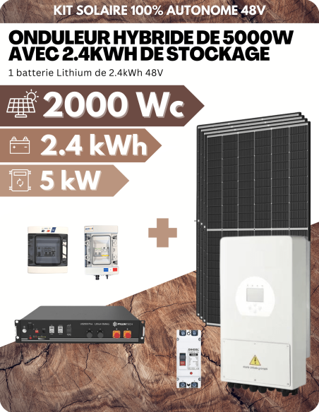 KIT SOLAIRE AUTONOME MONOPHASÉ 2000Wc PV AVEC 2.4kWh DE STOCKAGE LITHIUM - SORTIE AC 5000W - DEYE | Liberty-Energy.fr