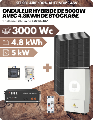 KIT SOLAIRE AUTONOME MONOPHASÉ 3000Wc PV AVEC 4.8kWh DE STOCKAGE LITHIUM - SORTIE AC 5000W - DEYE | Liberty-Energy.fr