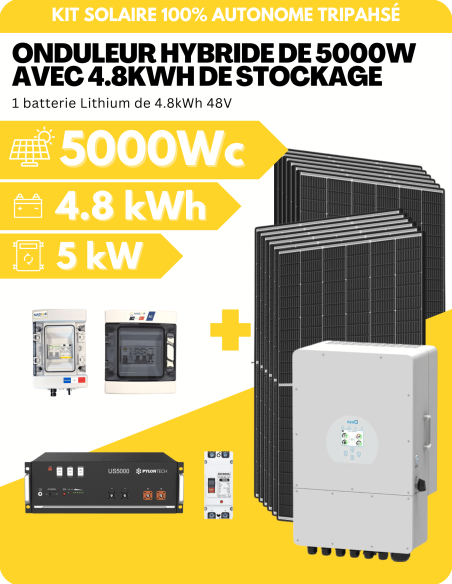 KIT SOLAIRE AUTONOME TRIPHASÉ 5000Wc PV AVEC 4.8kWh DE STOCKAGE LITHIUM - SORTIE AC 5000W - DEYE | Liberty-Energy.fr