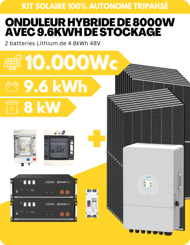 KIT SOLAIRE AUTONOME TRIPHASÉ 10.000Wc PV AVEC 9.6kWh DE STOCKAGE LITHIUM - SORTIE AC 8000W - DEYE | Liberty-Energy.fr