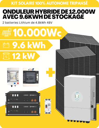 KIT SOLAIRE AUTONOME TRIPHASÉ 10.000Wc PV AVEC 9.6kWh DE STOCKAGE LITHIUM - SORTIE AC 12.000W - DEYE | Liberty-Energy.fr